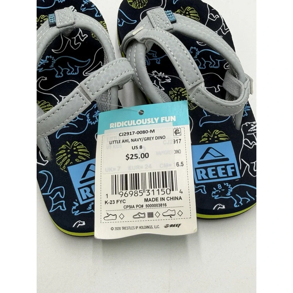 Reef Toddler Little Ahi Water Friendly Dino Flip Flop Boys Girls Size 8 New Blue